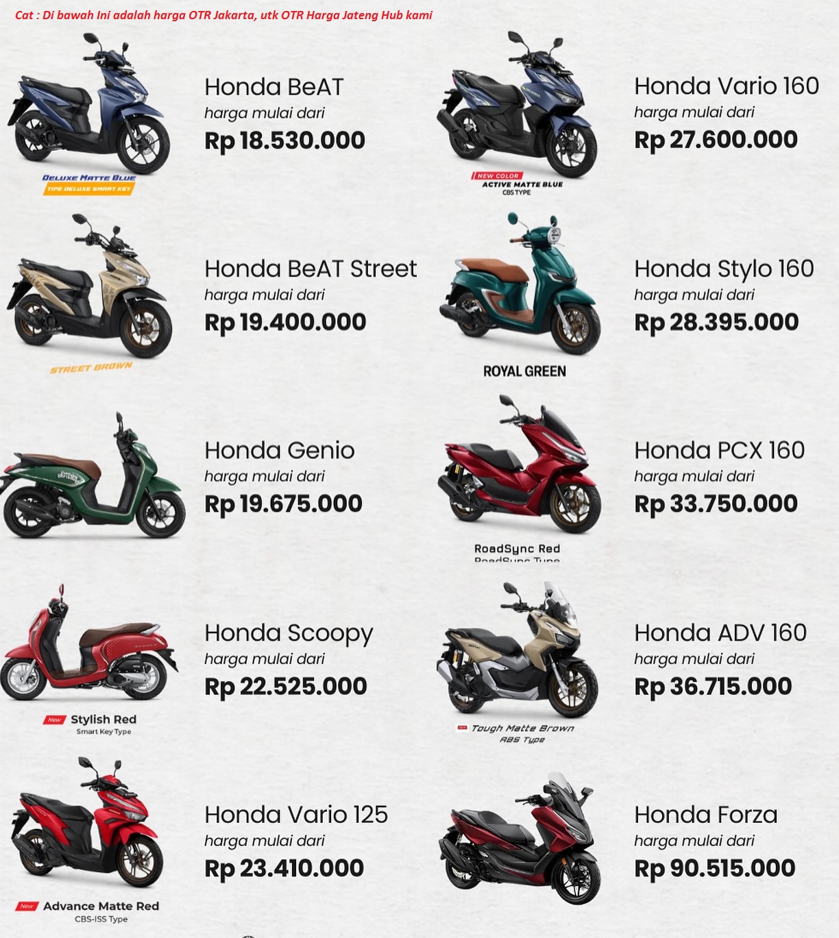 daftar harga motor honda magelang jateng terbaru